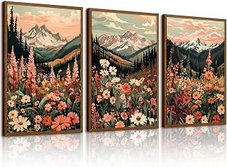 Boho Flower Wall Art Mountain Wildflower Daisy Canvas Wall Decor Colorful Floral Prints Abstract Landscape Flower Painting Pictures Boho Sunset Poster for Living Room Bedroom 12x16 Inch Unframed 3pcs