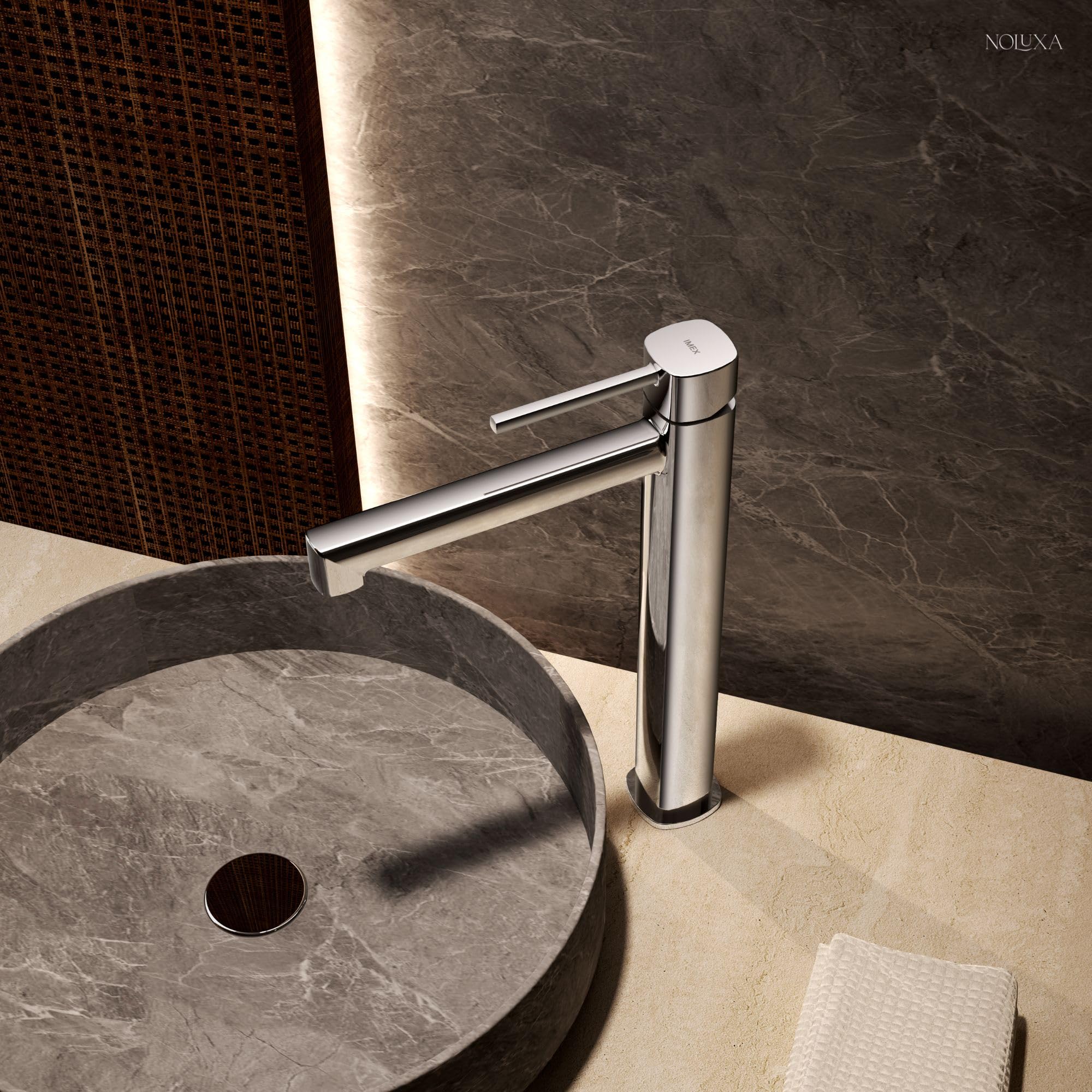 IMEX - Grifo Lavabo Níquel Caño Alto | Grifo para Lavabo de Baño con Agua Fría y Caliente | Grifería Monomando Efeto Cascada con Caño de Latón | Ahorro de Agua | Serie Toscana | Color Níquel Cepillado