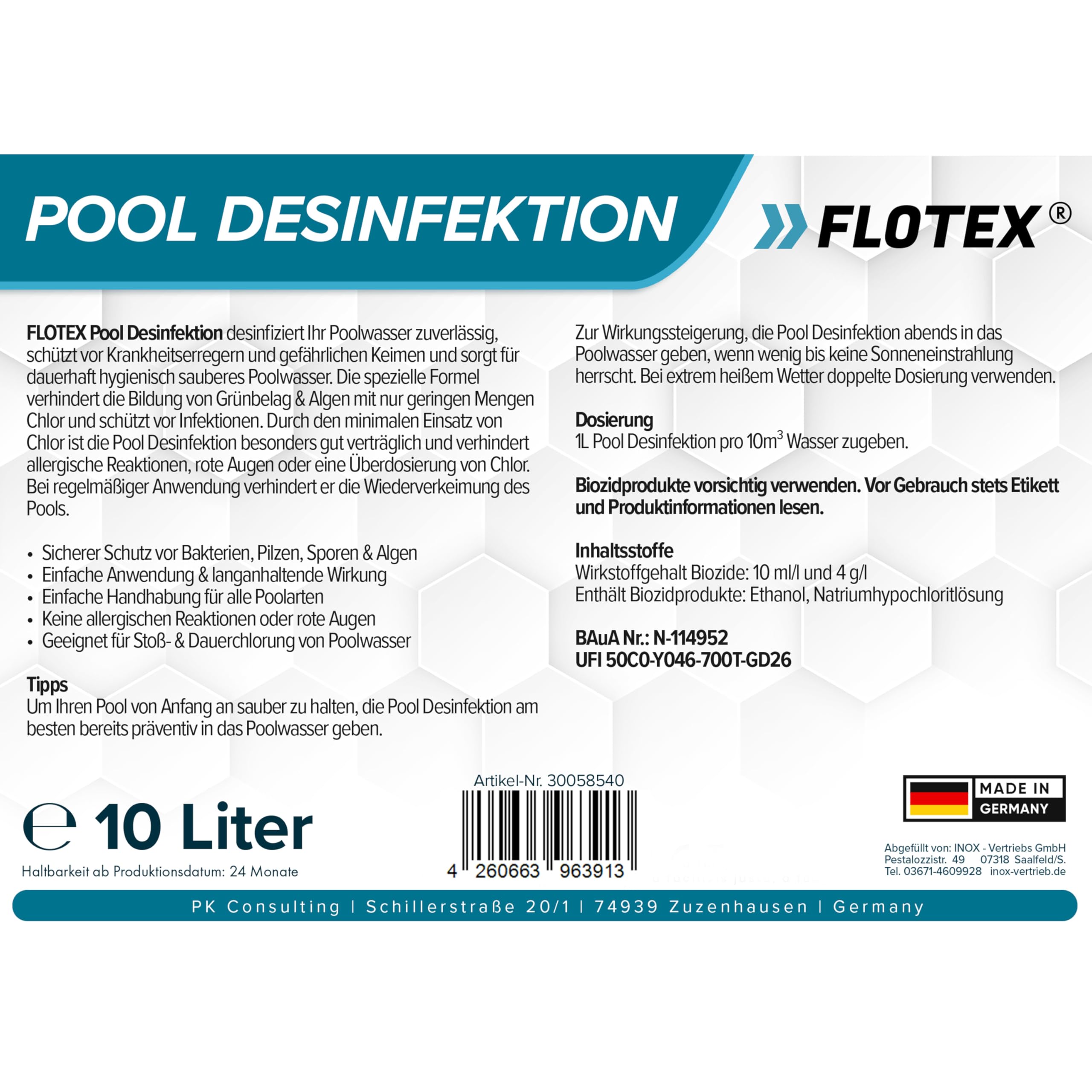 Pooldesinfektion 10L - Flüssiges Algizid für Pool I Pool Algenvernichter mit Klareffekt | Algenvernichter Pool | Desinfizierendes Reinigungsmittel gegen Algen