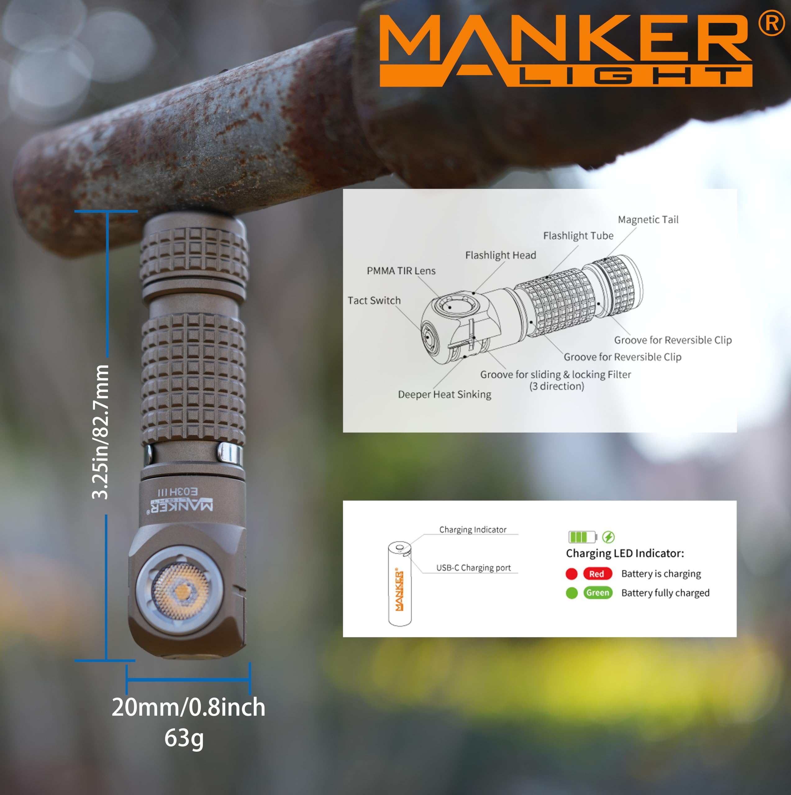 Manker E03H III wiederaufladbare Stirnlampe, 1200 Lumen, Mini-Taschenlampe mit Clip, 90 Grad EDC AA rechtwinklige Taschenlampe mit Kopfband und Magnetschwanz, Schwarz