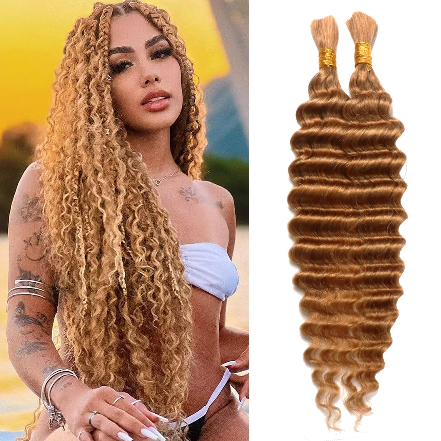 Deep Curly Human Braiding Hair for Boho Braids Honey Blonde Water Wave Bulk Human Hair for Micro Braiding Wet and Wavy Bundles Hair Extensions (27#