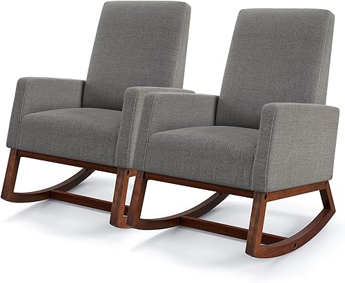 Miniatura 10 de KOMFOTT Mecedora tapizada, para sala de estar, ocio, con marco de madera de goma, sillón decorativo con respaldo alto y bolsillo de almacenamiento,