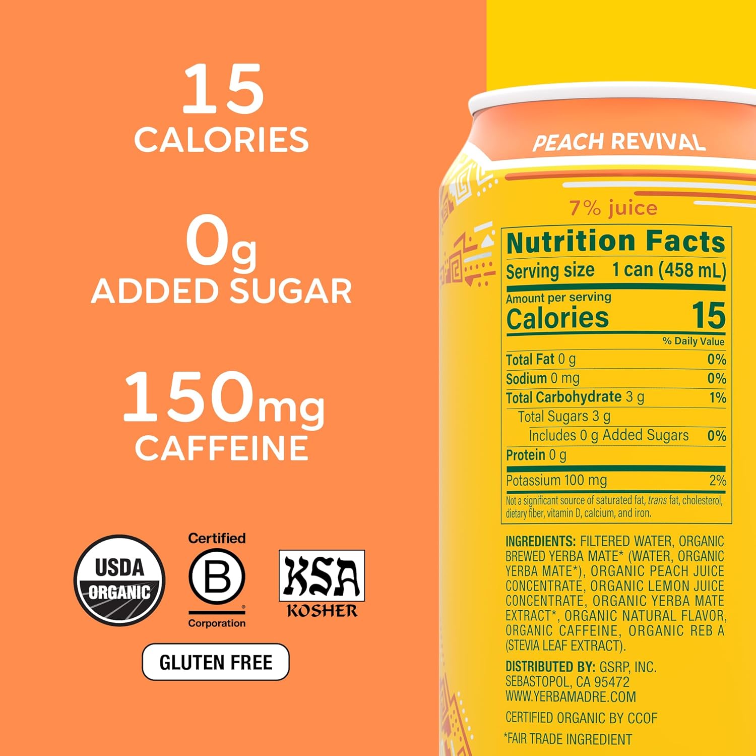 Yerba Madre Organic Yerba Mate, Low Sugar Peach Revival, 150mg Natural Caffeine, Energy Drink Alternative, No Jitters or Crash, 15.5 Oz (Pack of 12)