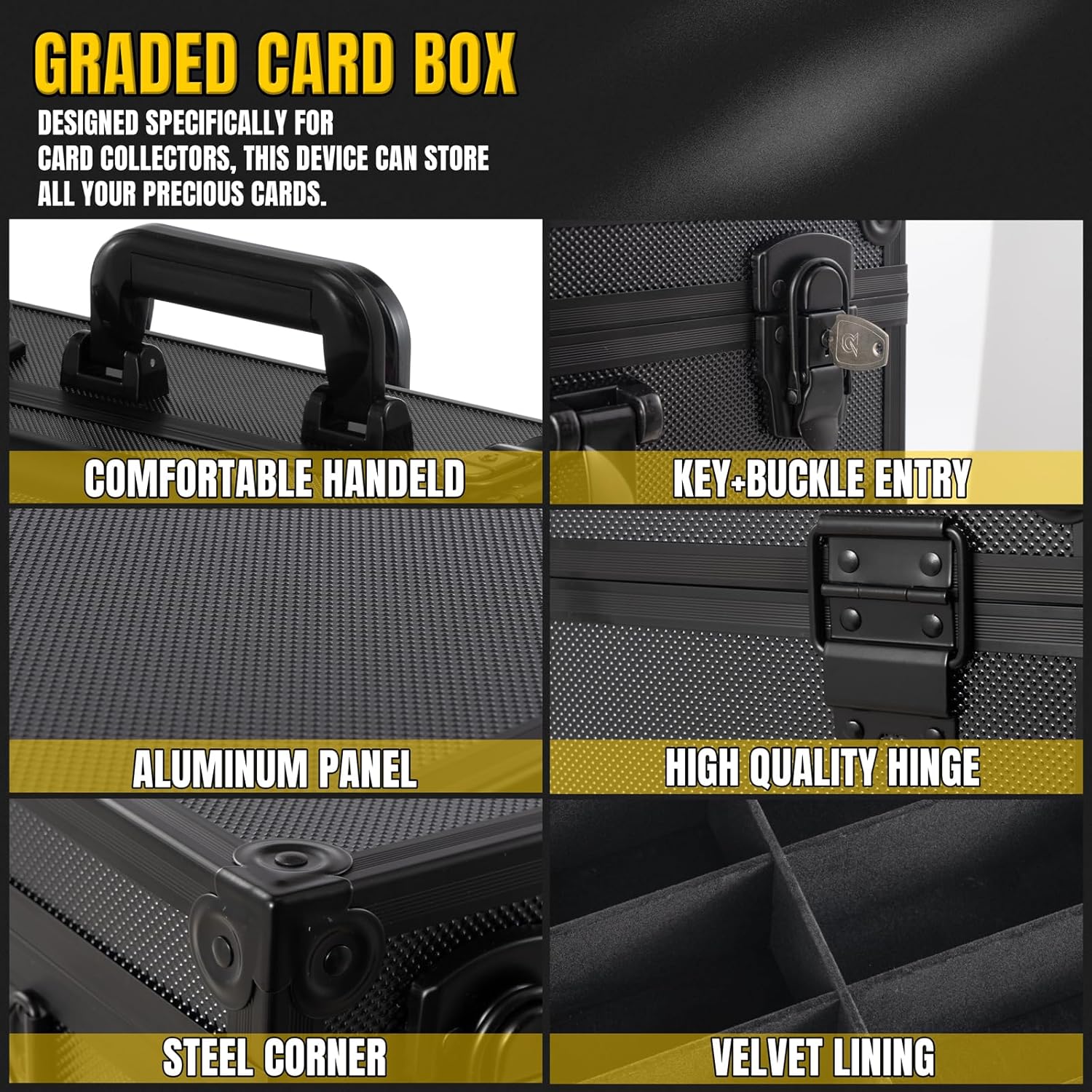 Graded Card Storage Box – Holds 155+ Graded Cards or 700+ Top Loaders - Aluminum Alloy Trading Cards Case, Sports Card Storage Box with Lock, Fits PSA, CSG, BGS (XL Black)