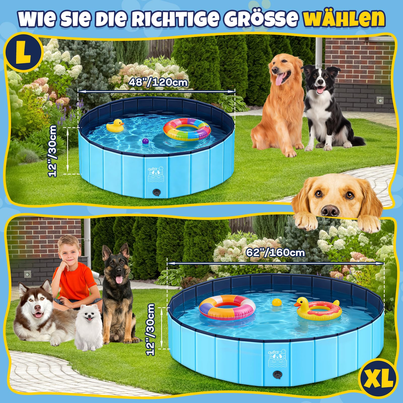 JONRRYIN Hundepool 160 x 30cm, Faltbare Hundeplanschbecken für Große & Kleine Hunde, rutschfeste und Verdickt Hunde Pool mit Badebürste, Flicken und Ablassventil für Katzen und Kinder