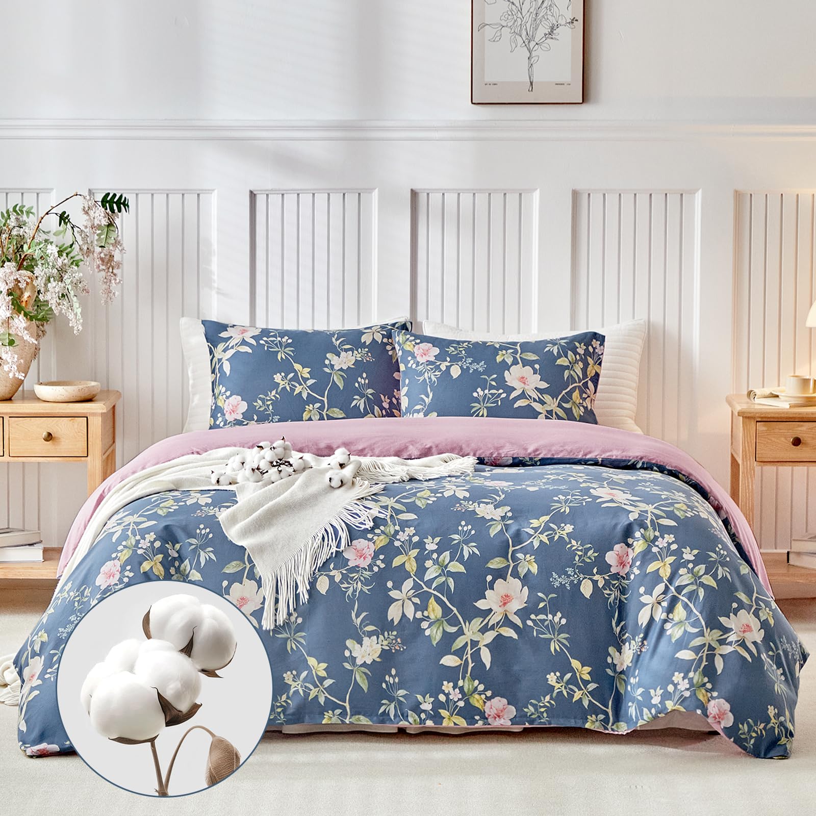 Lekesky 100% cotton, double duvet cover, 240 x 220 cm, reversible cotton duvet cover with floral pattern, consisting of 1 duvet cover 240 x 220 cm + 2 pillowcases 50 x 80 cm