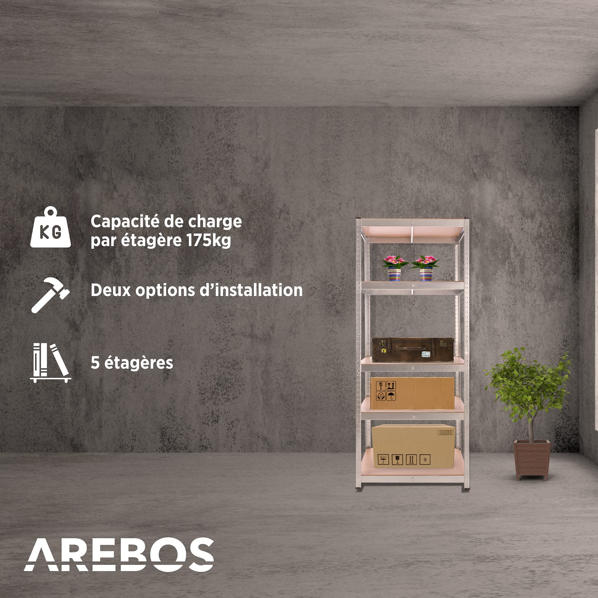 AREBOS Étagère Charge Lourde | 875 kg Capacité Totale | 180 x 75 x 45 cm | Métal galvanisé et Panneau de Fibre de Bois MDF