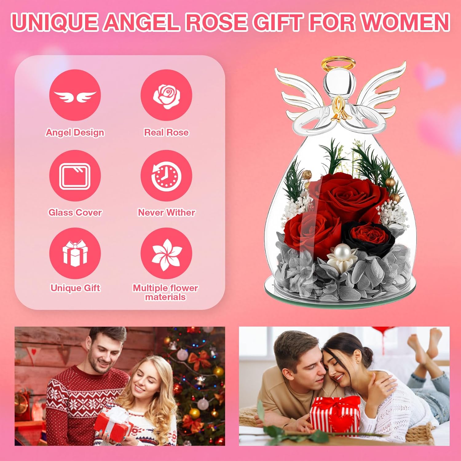 Gifts for Mom Women Preserved Flowers Gifts for Her, Forever Flower in Glass Angel Figurines Fresh Flowers for Delivery Mothers Day Anniversary Rose for Grandma Girlfriend Wife - Image 5