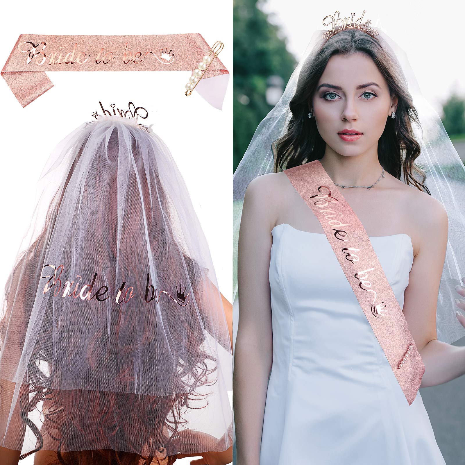 Bride Headband with Veil and Glitter Bride Sash for Bridal Shower Decorations Engagement Party Decoration Party Favor Party Accessory (Rose Gold)