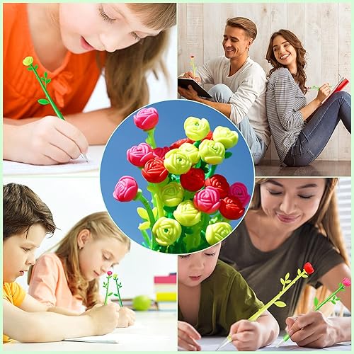 Miniatura 6 de Bolígrafos de flores en forma de rosa, bolígrafo creativo negro líquido de 0.020 in, tinta de gel, bolígrafo de punta redonda para mujeres,