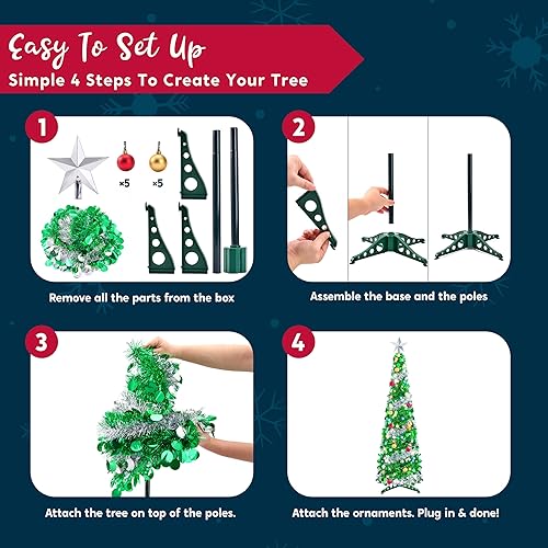 Miniatura 6 de Joiedomi Árbol de Navidad de oropel de 5 pies, árbol plegable preiluminado con 50 luces LED multicolor y adornos de bolas para el hogar, vacaciones,