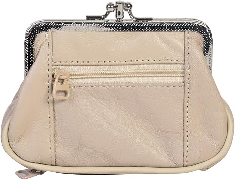 Womens Leather Metal Frame Double Clasp Zipper Coin Purse 5 1/4" x 3 1/4" Beige