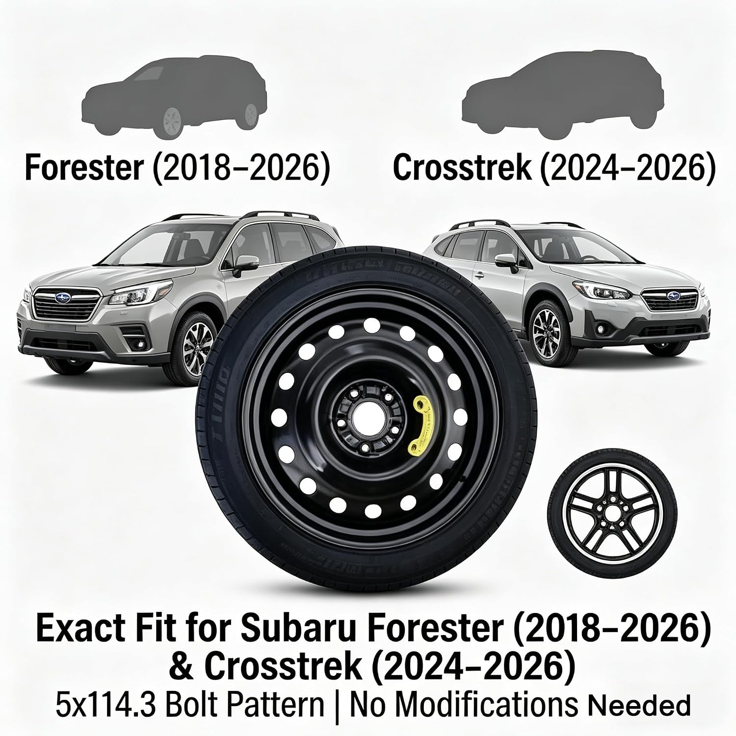 Complete Spare Tire Kit Compatible with Subaru Forester 2018-2026 & Crosstrek 2024-2026 | 145/85R18 Spare Wheel with 18x4 Rim, Includes Car Jack Kit & Heavy-Duty Carry Case