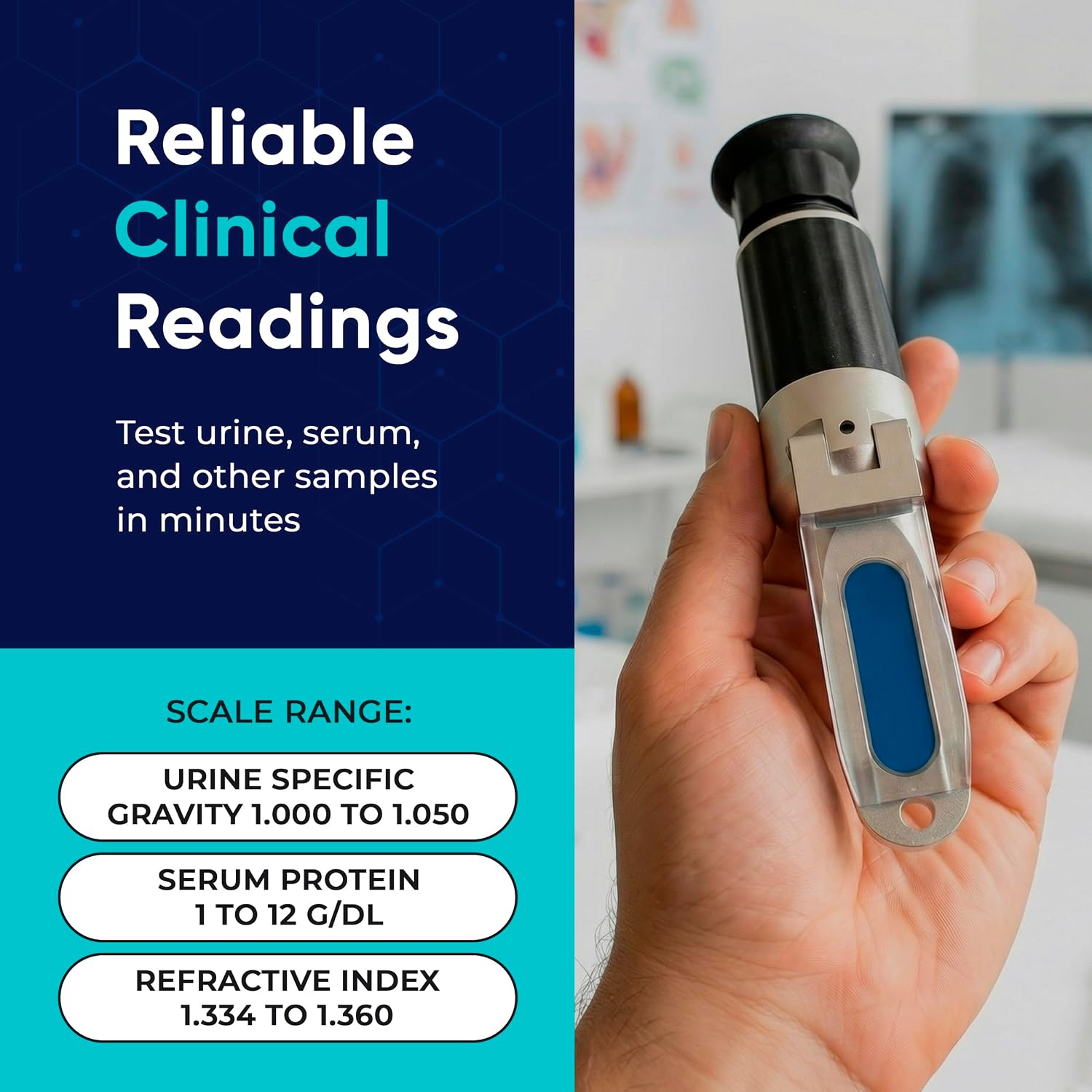 Clinical Handheld Analog Refractometer with ATC, 3 Scale Diagnostic Tool for Urine Specific Gravity Serum Protein and Refractive Index, All Metal Professional Design