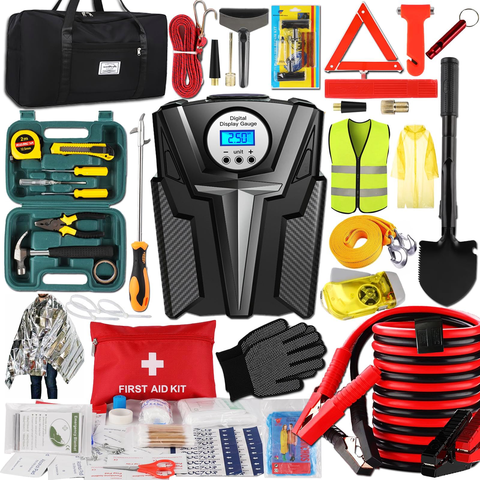 Car Emergency Kit, Roadside Assistance Emergency Car Kit Jumper Cables, Road Trip Essentials, Auto Vehicle Car Safety Kit with Digital Air Compressor Tire Inflator, Reflective Warning Triangle