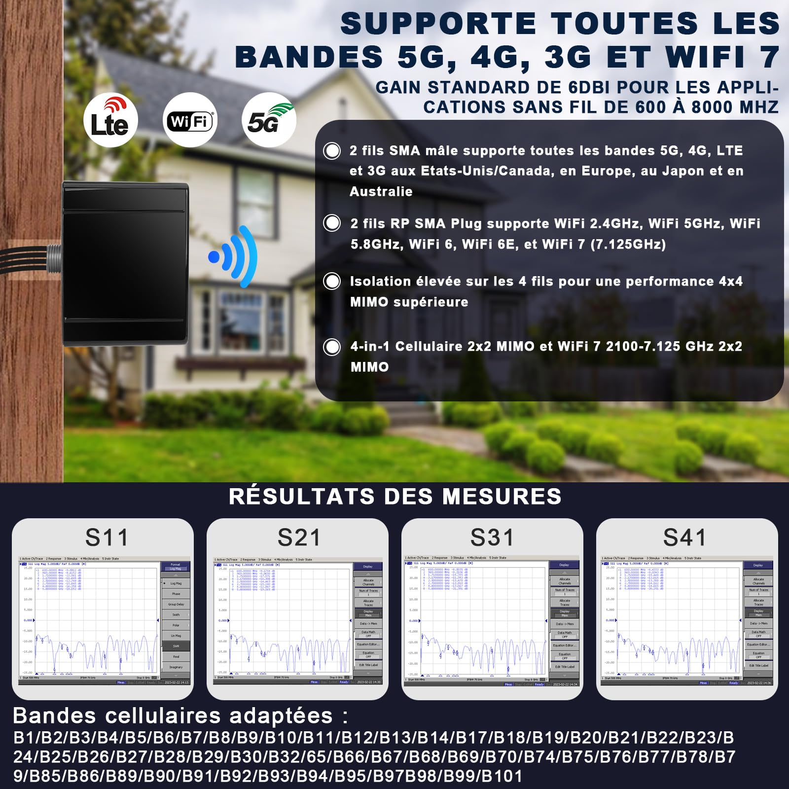 Maswell Antenne 5G 4 en 1, 2 x 2 MIMO 5G + 2 x 2 MIMO WiFi 6 extérieur, antenne extérieure Omni 600-8000 MHz pour WiFi 6E WiFi 7 cellulaire 5G 4G+ LTE-A, équivalent LMR195 SMA mâle RP-SMA