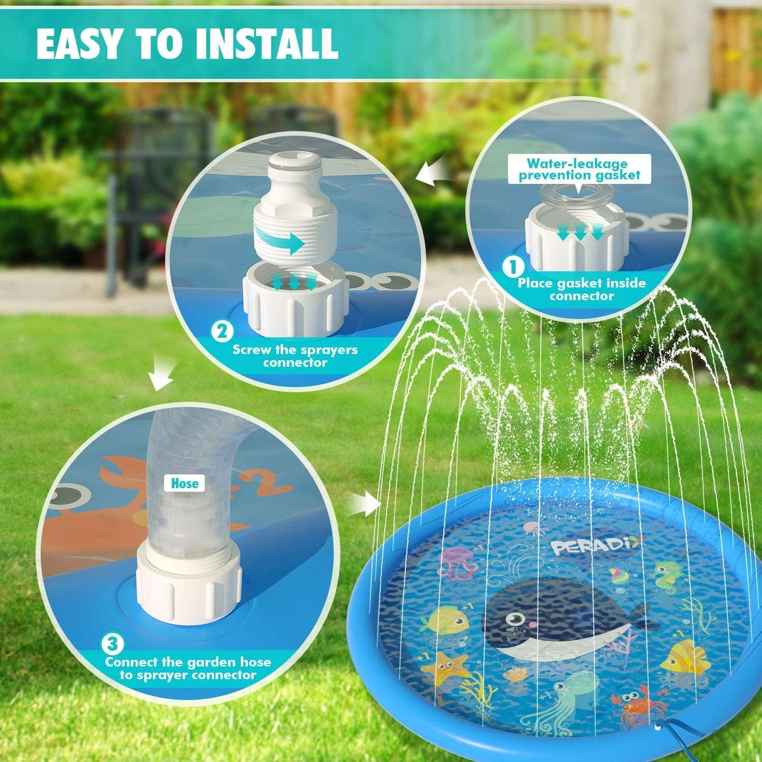 Peradix Splash Pad Sprinkler for Kids and Pets, 68" Splash Play Mat Summer Outdoor Water Toys, Inflatable Toddler Wading Swimming Pool, Fun Backyard Lawn Outdoor Games for 3+ Age Girls Boys