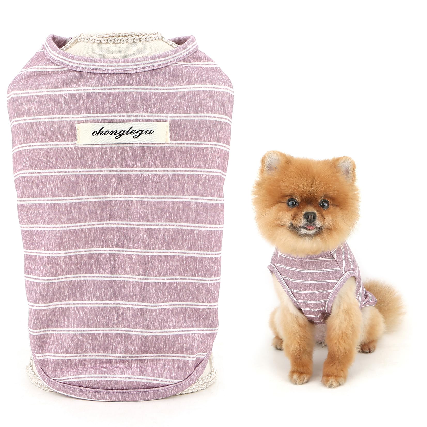 SMALLLEE_LUCKY_STORE Striped Dog T-Shirt for Extra Small and Small Dog Pet Pullover with Patch Puppy Vest Breathable Stretchable Tank Top Spring Summer Shirt Chihuahua Yorkie Cat Clothes, Purple, XL