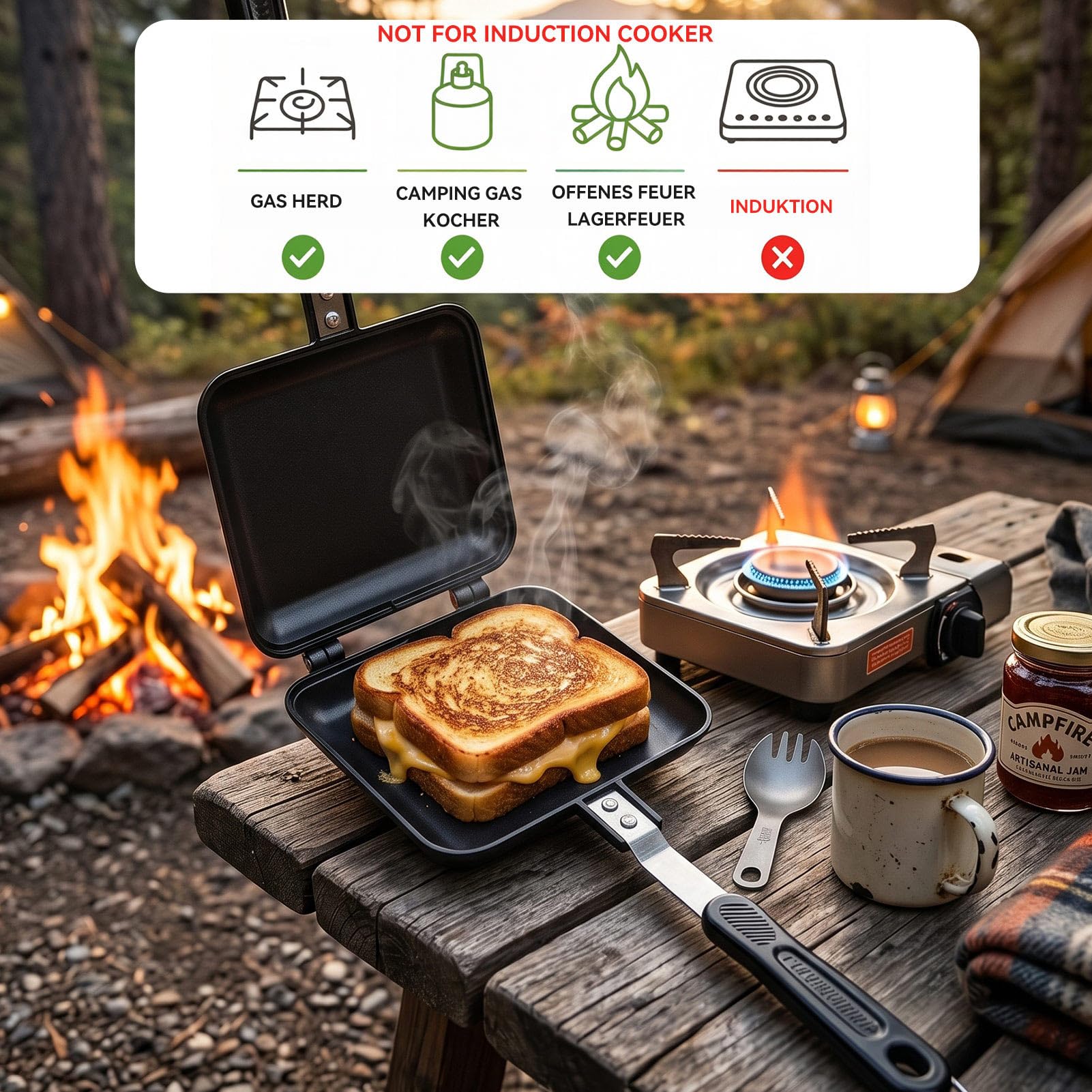 HERCHR Sandwich Maker Doppelseitig Bratpfanne, Pfanne Doppelseitig, Sandwichmaker Camping, Antihaftbeschichtet, Beidseitige Tortillas Sandwich Und Panini-Maker Pan Für Frühstück