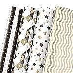PlandRichW Wrapping Paper Folded Black White and Gold Matte Design Stars, Stripes, Ripples, Plaids for Birthdays, Christmas, Graduations, Weddings, Father\'s Day 4 Styles 20 X 29 12 Sheets