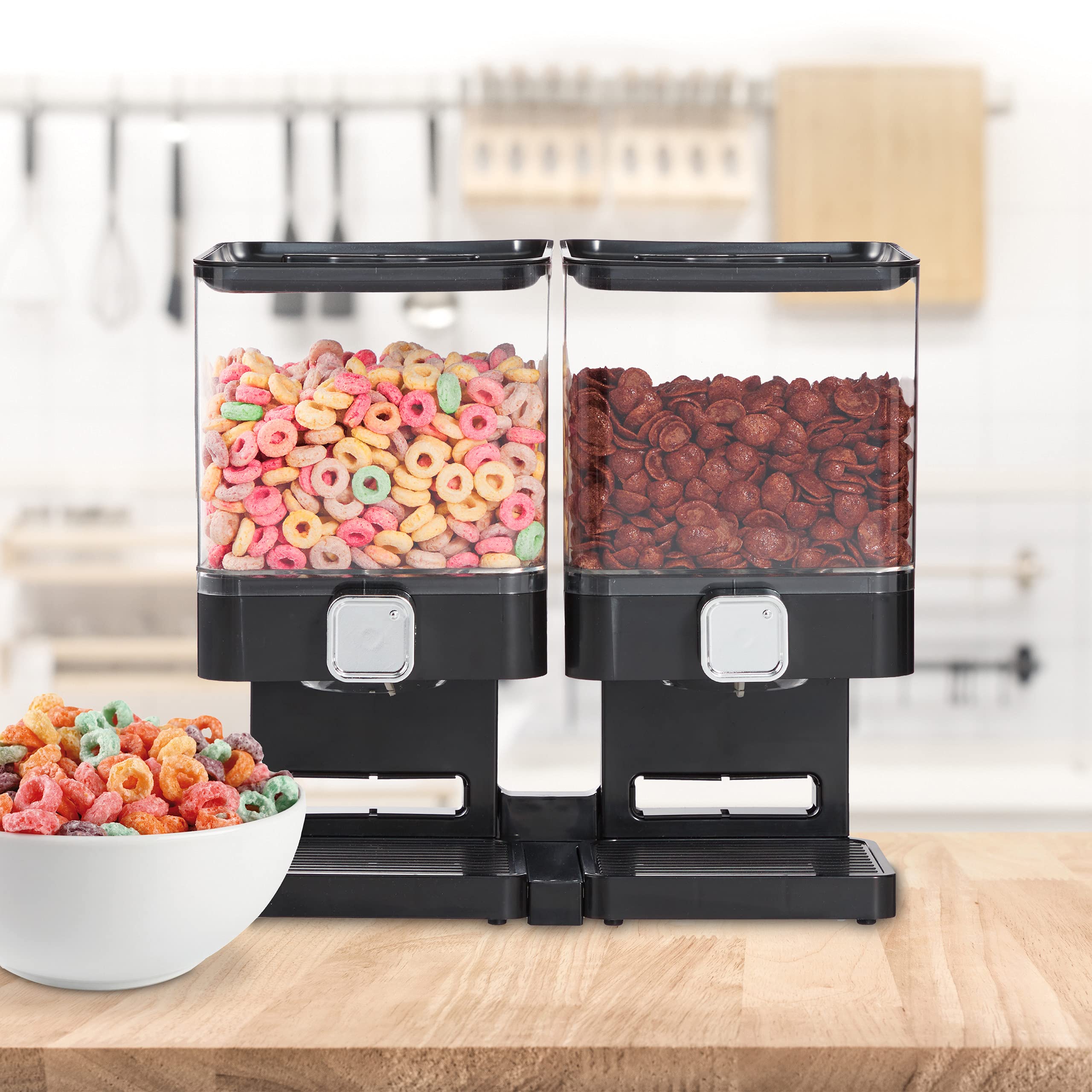 Relaxdays Dispenser Cereali Doppio, Distributore per i Corn Flakes, i Cioccolatini e i Dolcetti, in Plastica, Nero