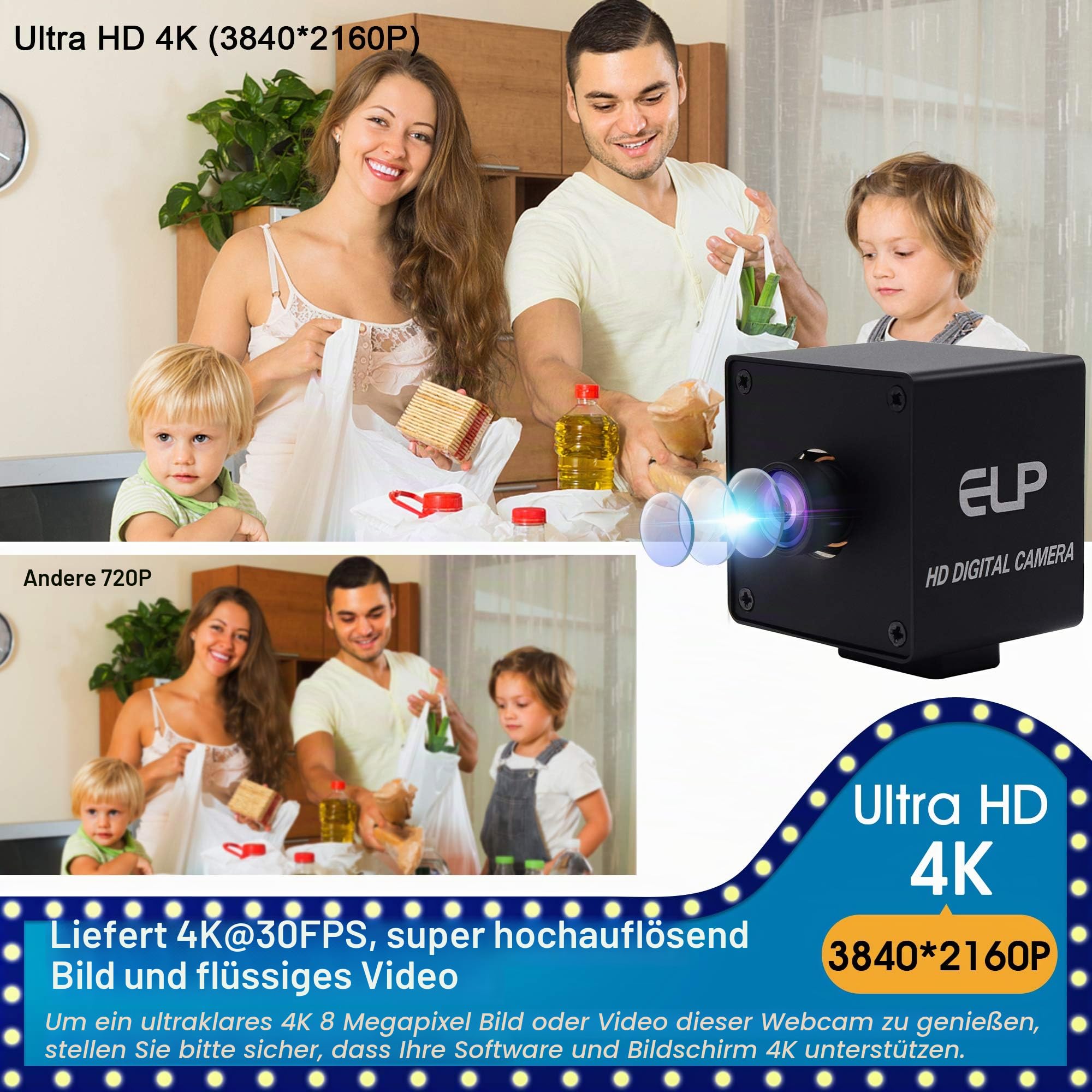 ELP 4K Hochauflösende Webcam Ultra HD Autofocus USB Kamera mit No-Distortion Objektiv,IMX415 Sensor Web Kamera Support 3840x2160@ 30fps,UVC Compliant Web Kameras Support Most OS (USB4K02AF-KL100)