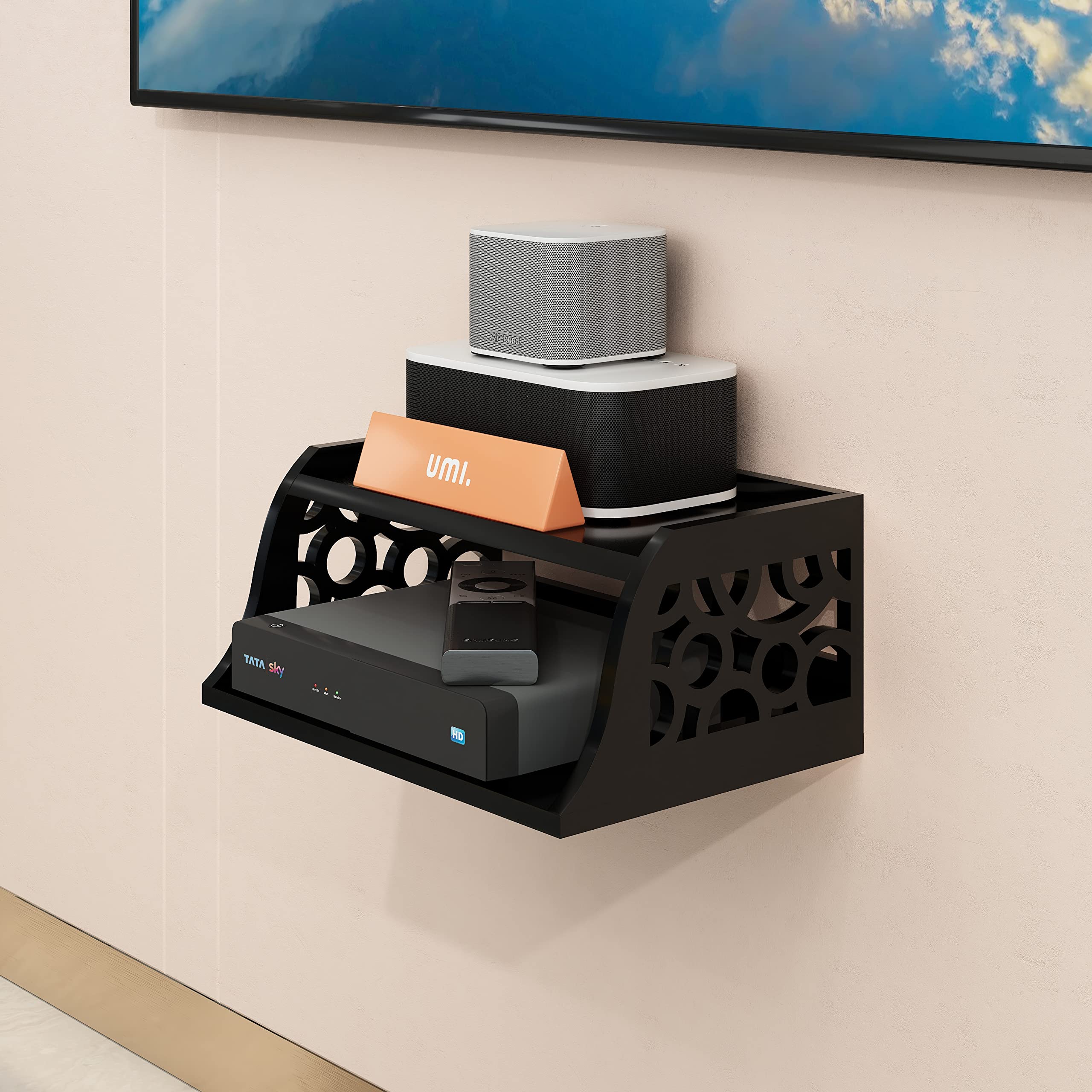Amazon Brand - Umi Wooden Set Top Box Wall Shelf for Setup Box WiFi Router | AC Remote Stand Wall Mounted Shelves (Black)