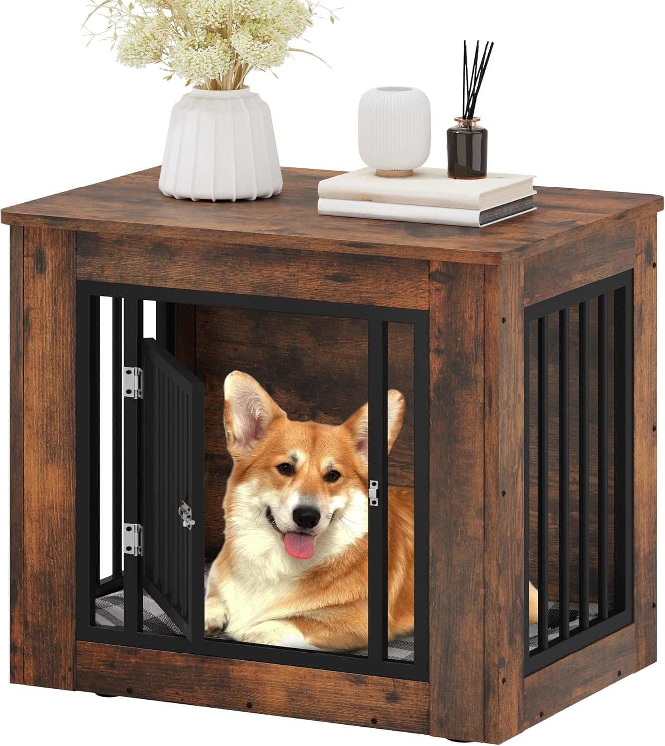 YITAHOME 27.2″ L Dog Crate Furniture for Medium Dogs, 2-in-1 Iron-Wood Fusion Dog cage Indoor up to 30 lb, Side End Table, Modern Dogs Kennel with Waterproof Top, Safety Corners,Steel Lock,Rustic