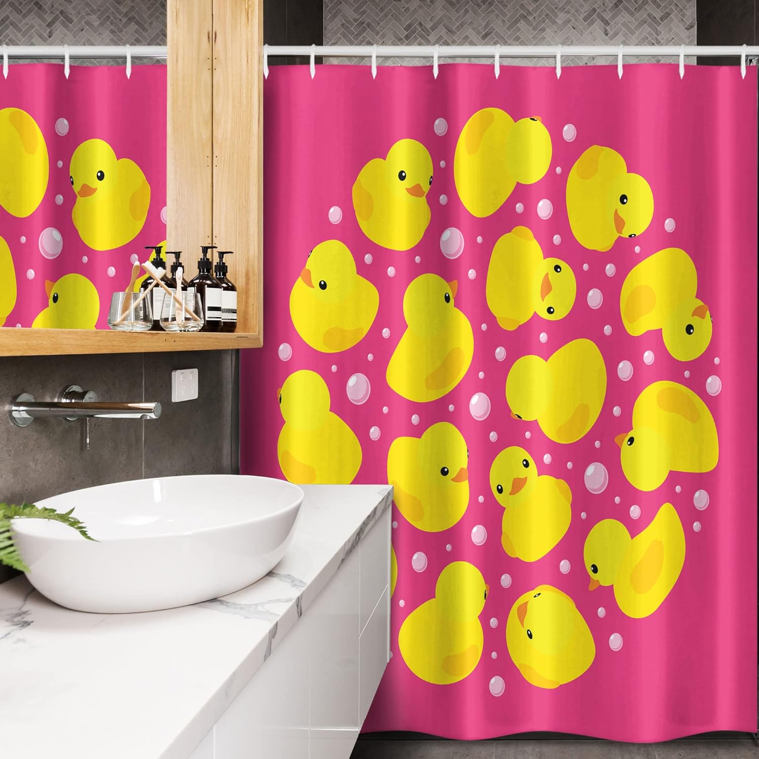 Ambesonne Rubber Duck Stall Shower Curtain, Fun Duckies Circle Pattern Bath Bubbles Animal Print, Fabric Bathroom Decor Set with Hooks, 54" W x 78", Yellow Pink