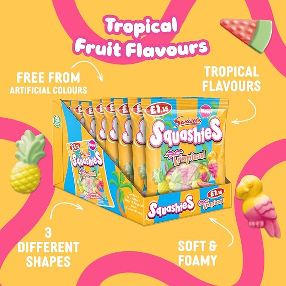 Swizzels Squashies Tropical Flavour 100g, Fruity Flavoured Sweets, PMP (x12 Pack)