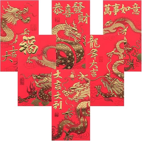 Miniatura 9 de Sobre rojo chino 2024 Año Nuevo, 6 unidades, papel de aluminio de oro chino, personaje del año del dragón, sobre de la fortuna Fengshui, Hong Bao,