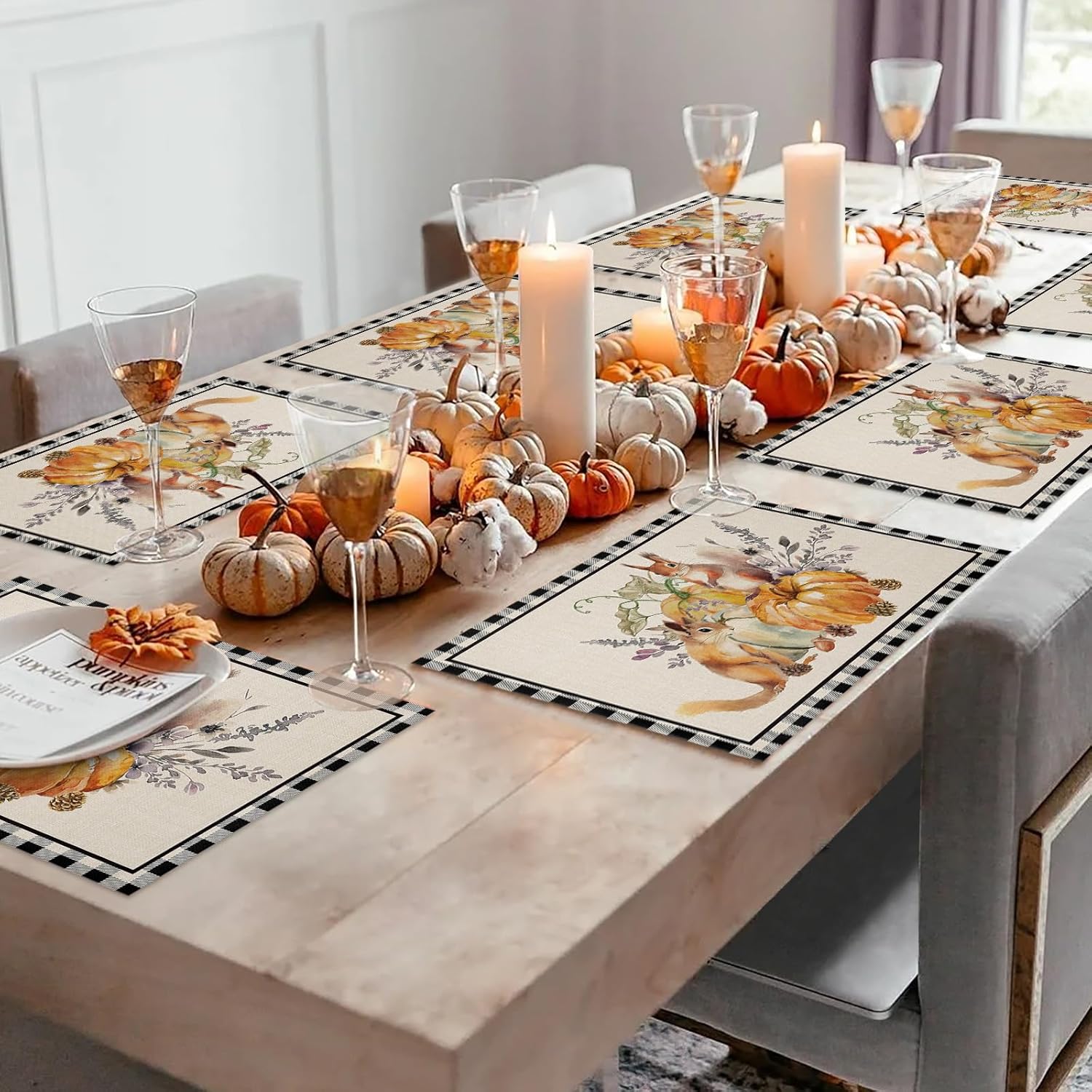 Fall Placemats for Dining Table, Squirrel Pumpkin Buffalo Plaid Autumn Seasonal Vintage Farmhouse Placemats Set of 4, Washable Table Mats for Home Kitchen Thanksgiving Holiday Decor