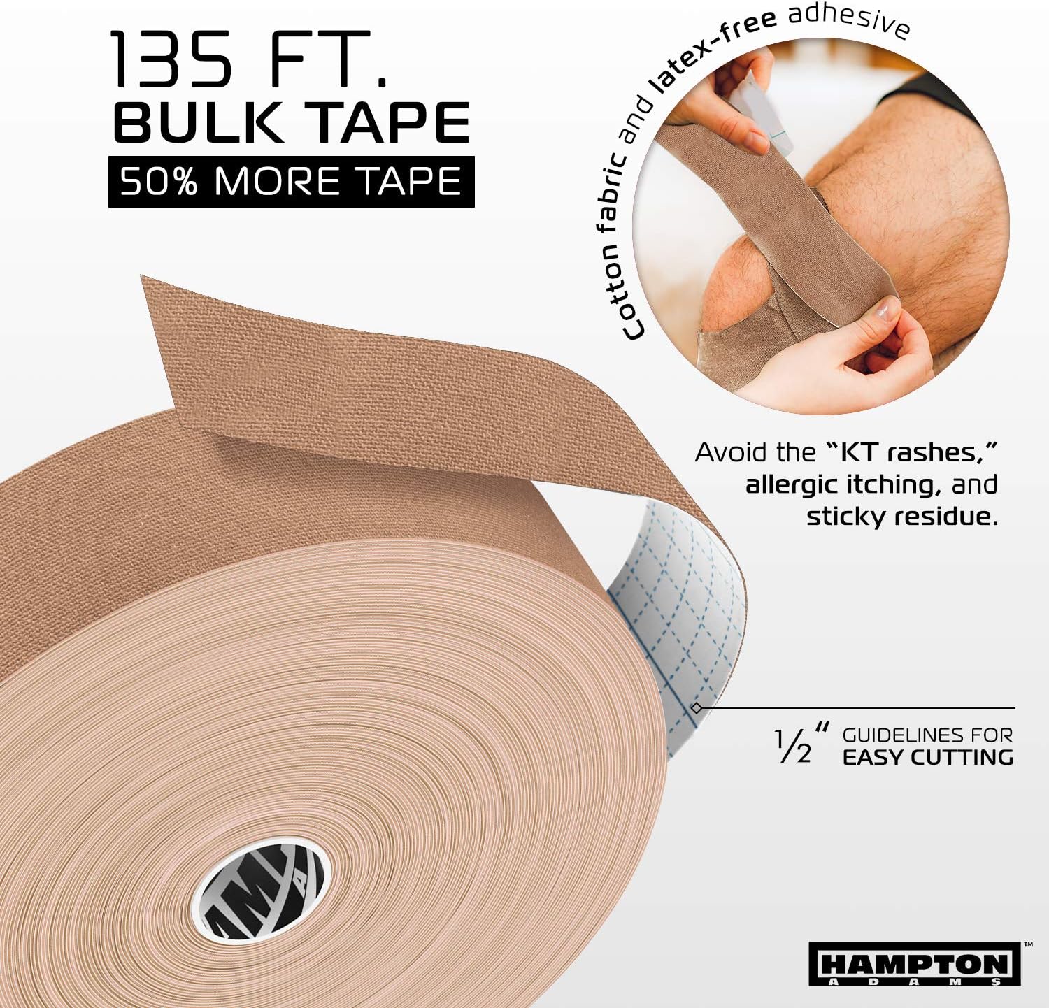 (135 Feet) Bulk Kinesiology Tape Waterproof Roll Sports Therapy Support for Knee, Muscle, Wrist, Shoulder, Back/Original Uncut Premium Therapeutic Elastic & Hypoallergenic Cotton - (Beige) : Health & Household