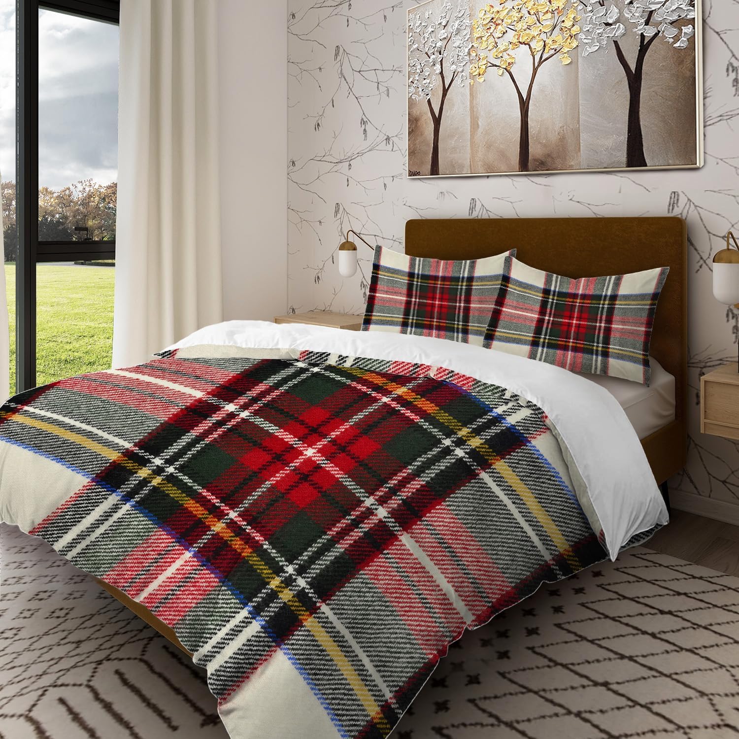Batmerry Scottish Tartan King Size 3 Pieces Bedding Duvet Cover Sets, Soft Fluffy Green Wool Plaid Symmetric Square Fashion 100% Cotton Printed Duvet Cover for All Season
