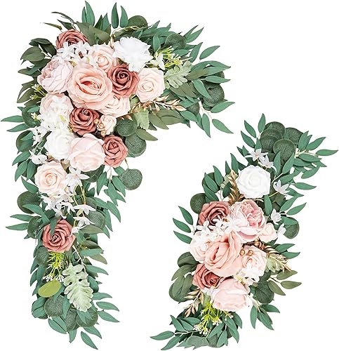Emivery Flores de arco de boda con rosas polvorientas, guirnalda artificial rosa para decoración de letrero, ceremonia y recepción, arreglos verdes