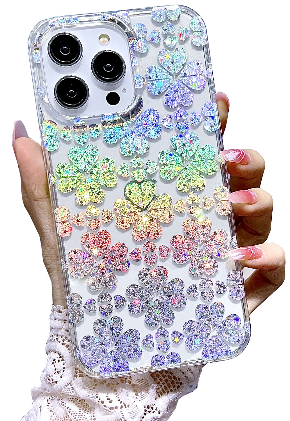 J.west for iPhone 13 Pro Max Case 6.7",Shiny Soft Shockproof Cute Clear Love-Heart Phone Protective Cover for Women,Glitter Plating Pattern Design TPU Bumper Slim Fit Phone Case for Girls