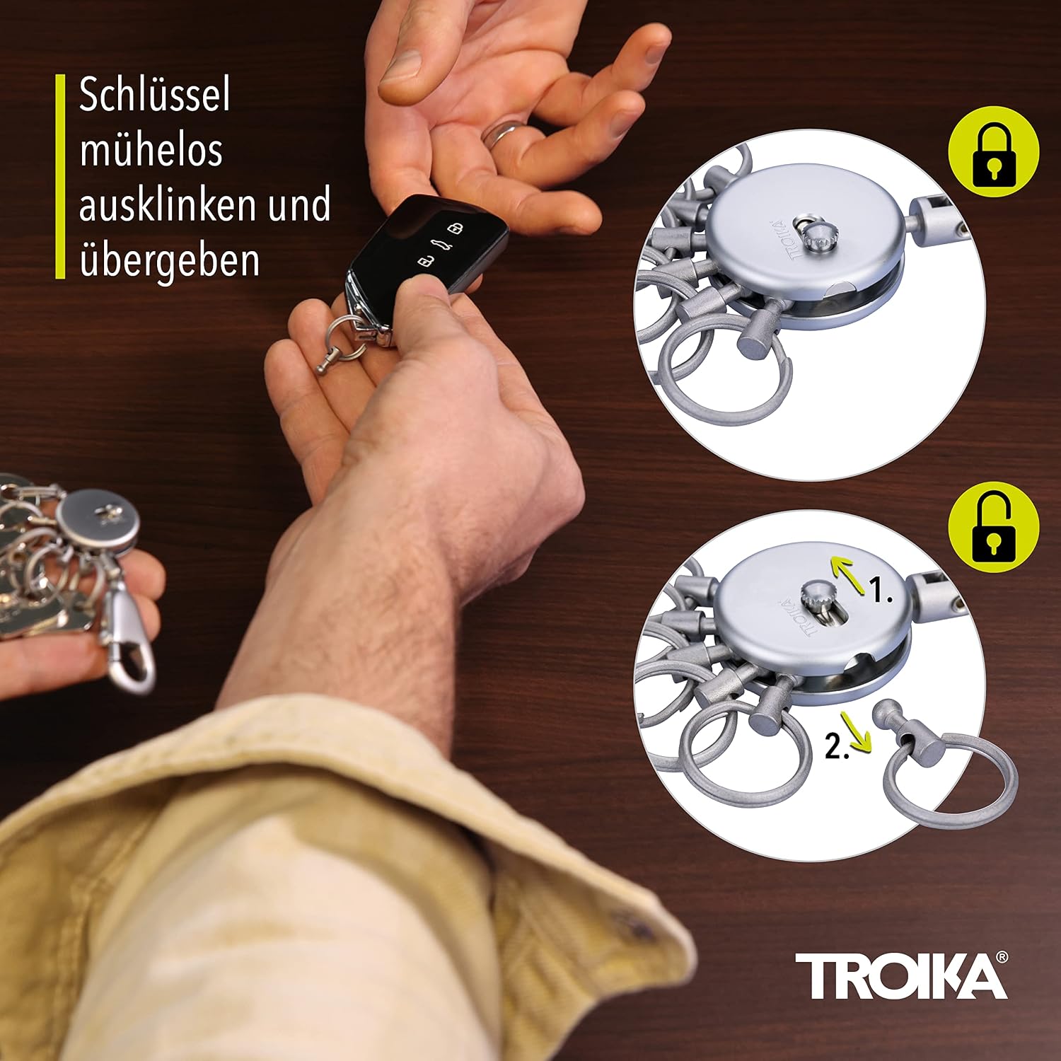 TROIKA PATENT – KYR60/GM – Keyring – Key organiser, key organisation – carabiner – 6 detachable rings – no more chaos on your bunch of keys! – incl. carabiner – 6 exchangeable rings – TROIKA-original