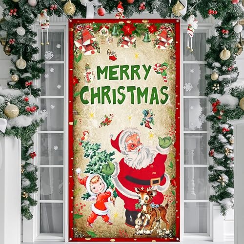 Decoraciones de Navidad vintage, cubierta de puerta de Feliz Navidad, telón de fondo con alce de Papá Noel, árbol de Navidad, cartel colgante para
