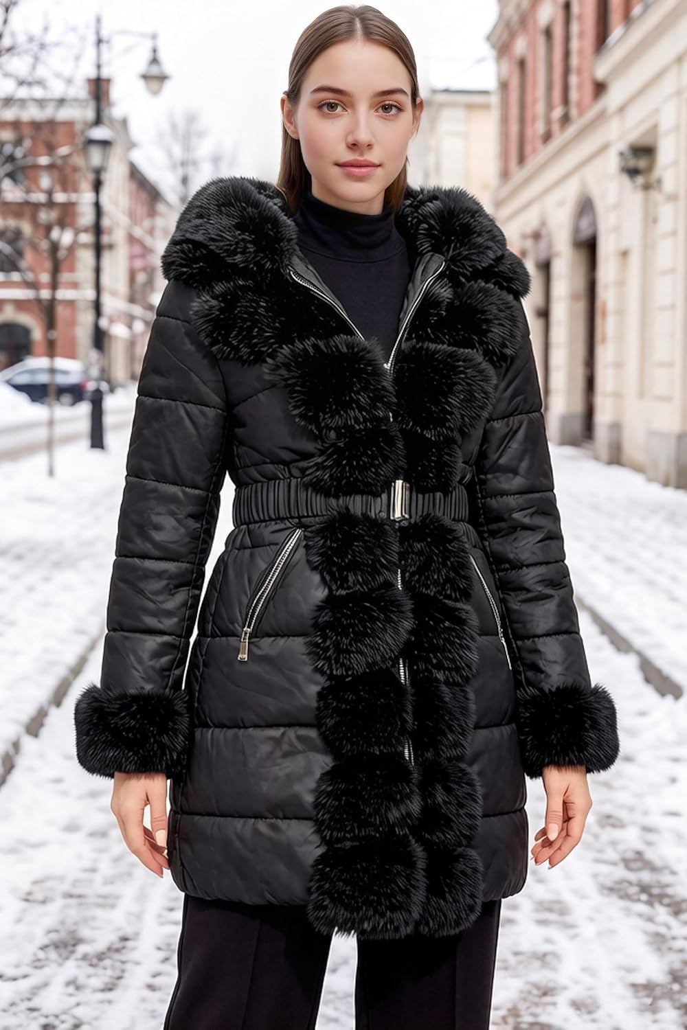 RISISSIDA Women Cold-resistant Winter Fur Lined Coat,Puffer Jacket with Long Fur Trim Hooded,Warm Leather Bubble Overcoat - Image 3