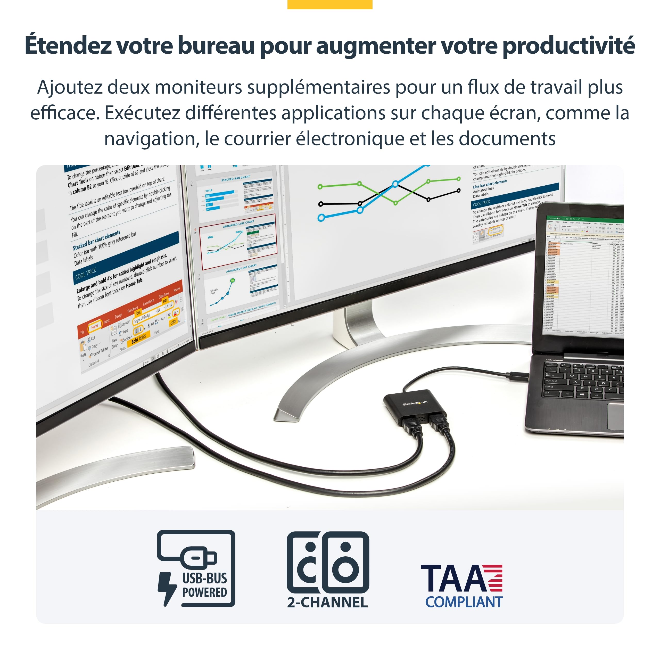 StarTech Adaptateur USB-A 3.0 vers Double HDMI 4K 30Hz 1080p 60Hz pour Double Écran