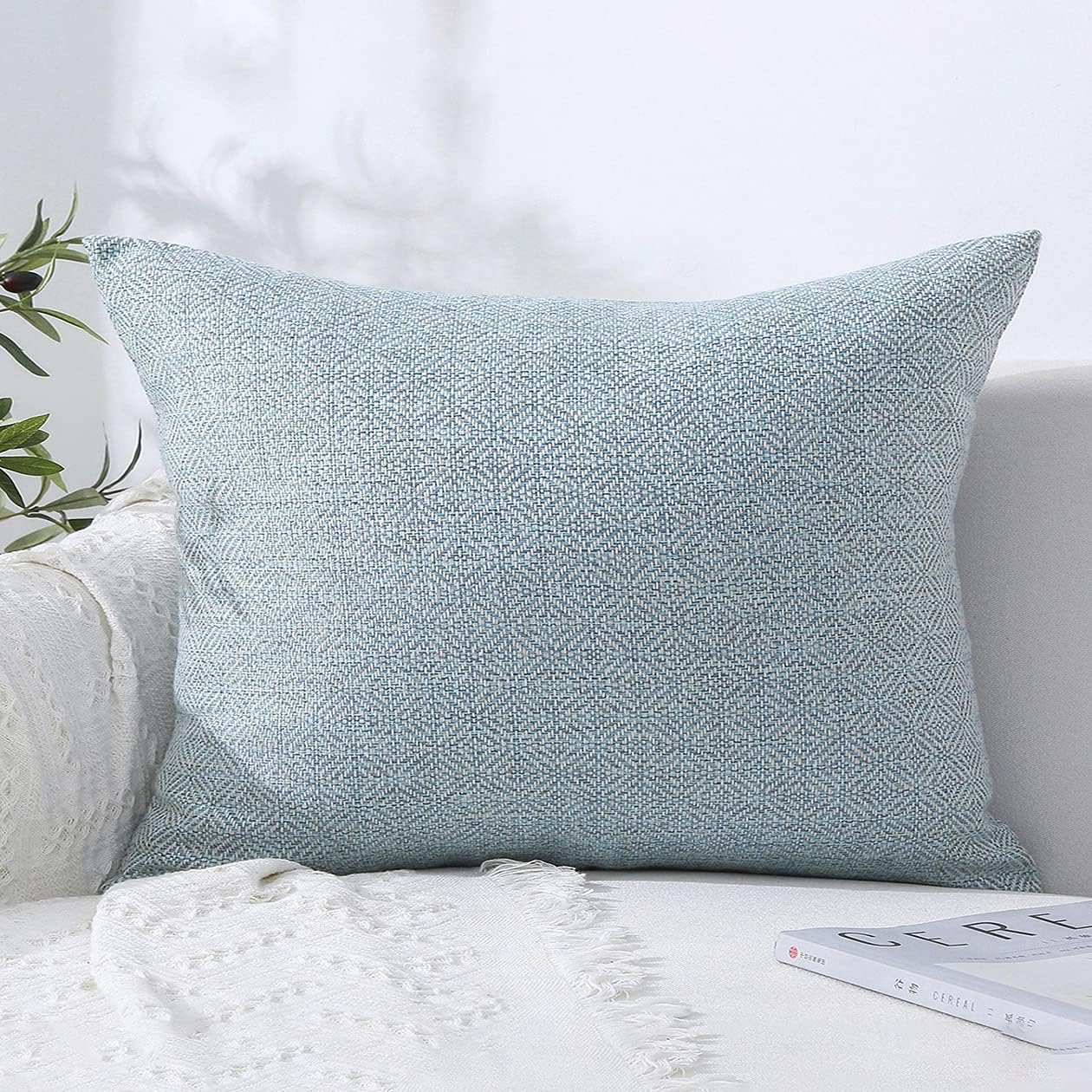 Jepeak Burlap Linen Throw Pillow Cover Rhombus Pattern Cushion Case, Solid Thickened Farmhouse Modern Decorative Square Luxury Pillow Case for Sofa Couch Bed (Light Cyan/Grey, 22 x 22 Inches): Home & Kitchen