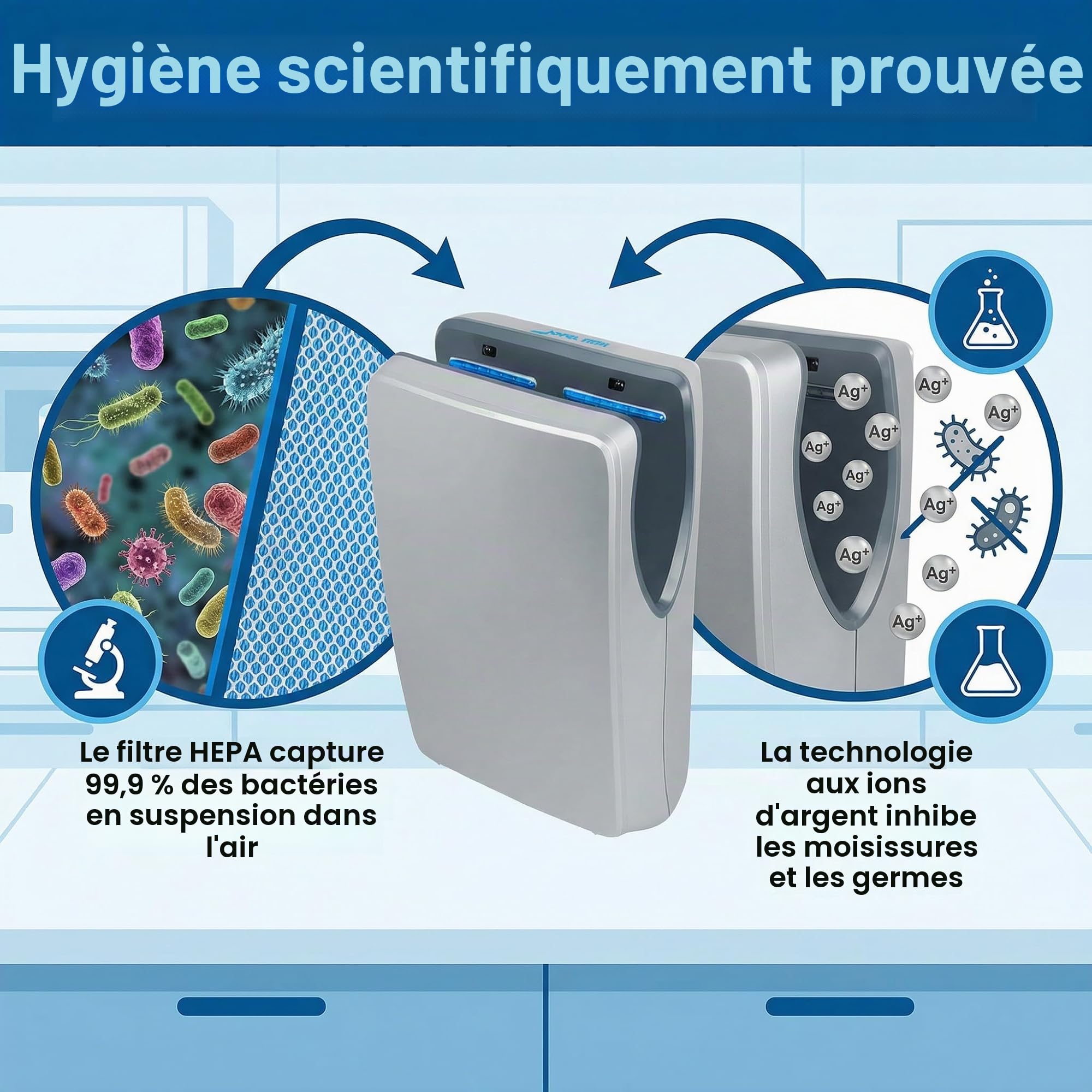 Jofel - Sèche-mains optique haute performance (540 Km/h) 1500 W, Sèche-mains automatique, rapide, type rideau, réservoir de collecte, modèle Jet Smart Boîtier ABS antibactérien, AA24550 Argent