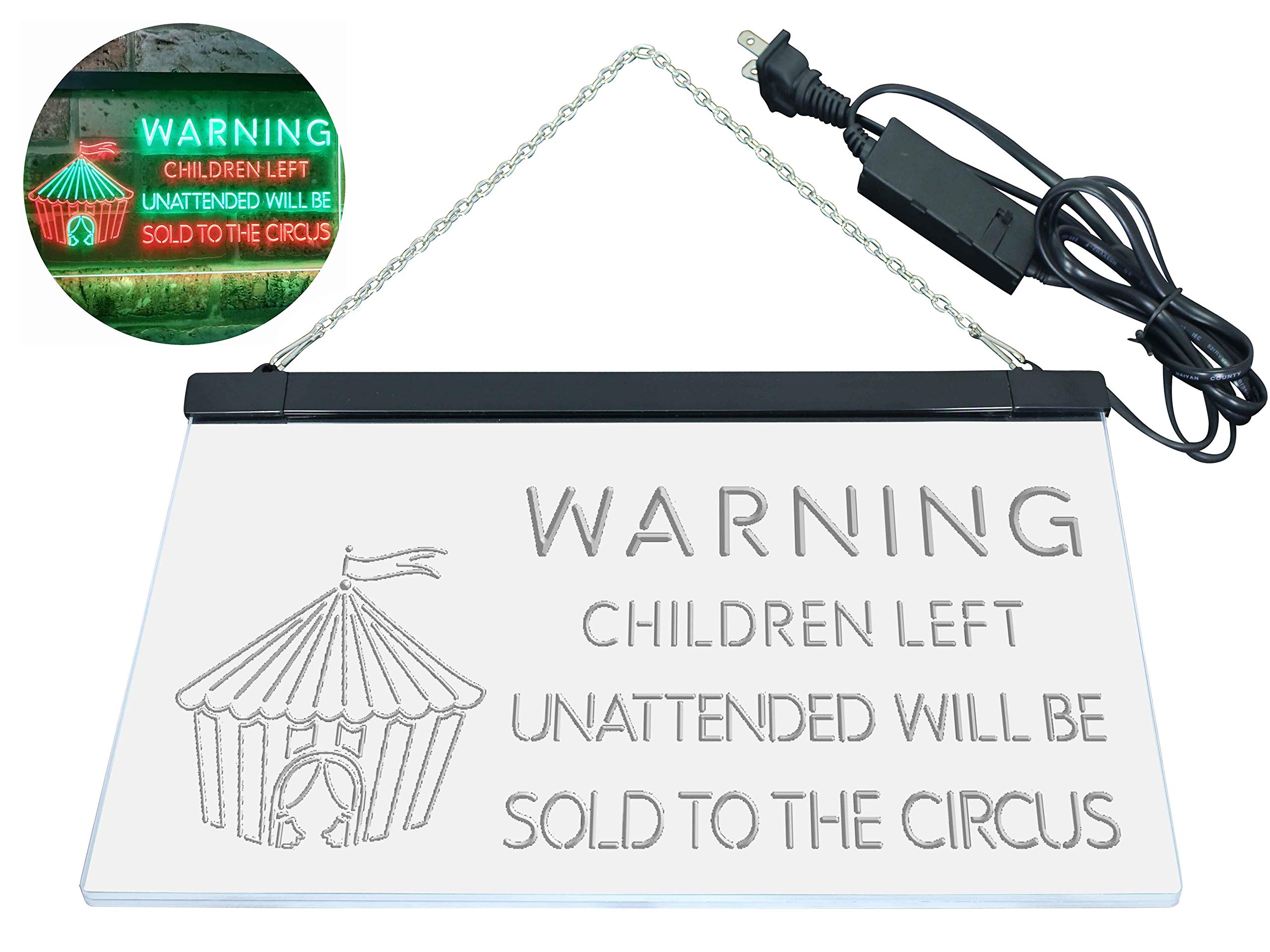 ADVPRO Children Left Unattended Sold to Circus Warning Dual Color LED Enseigne Lumineuse Neon Sign Vert et Rouge 600 x 400mm st6s64-i3421-gr