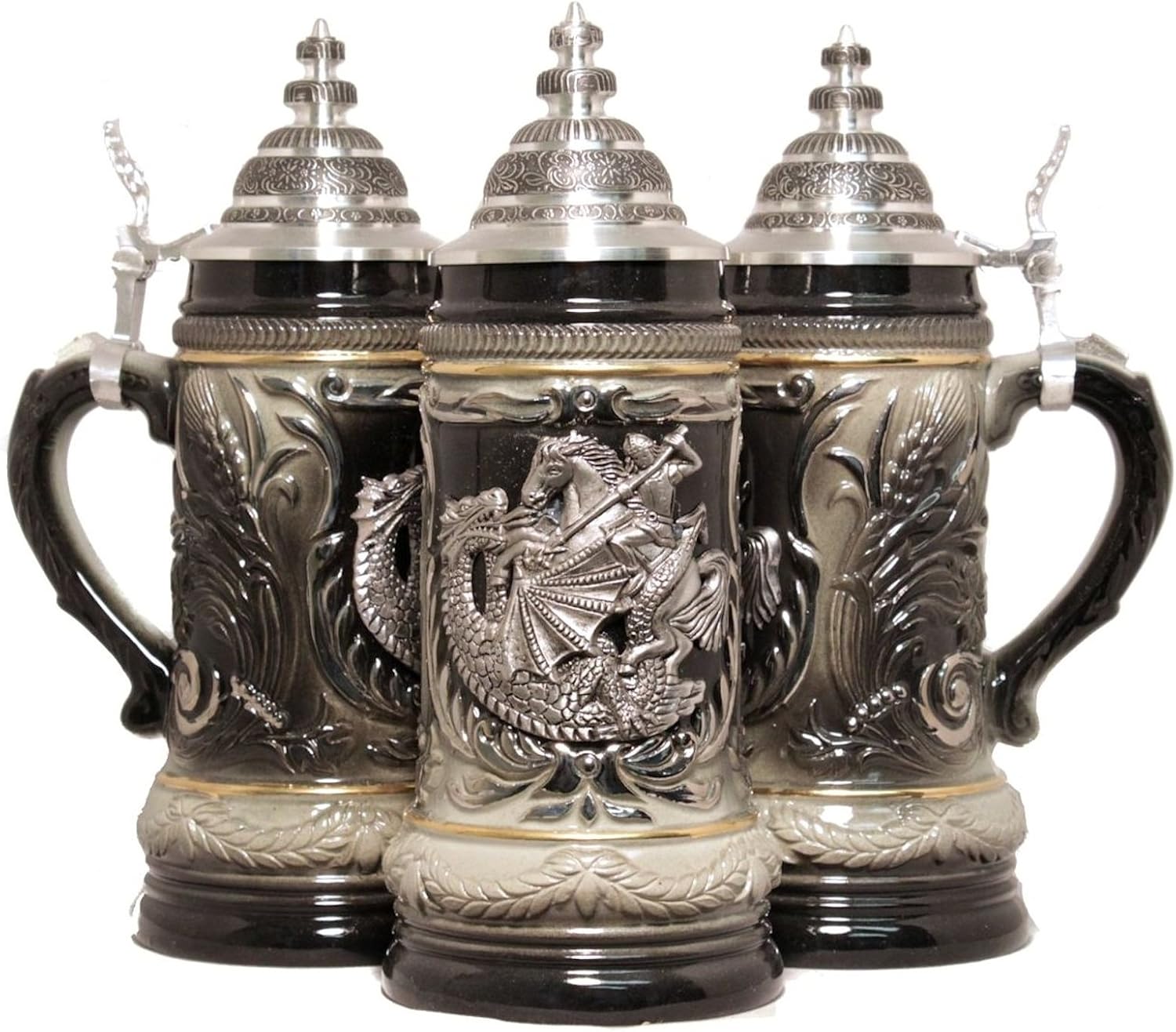 Pinnacle Peak Trading Company St. George the Dragon Slayer LE German Beer Stein 0.5 Liter Stoneware Mug with Pewter Lid Made in Germany