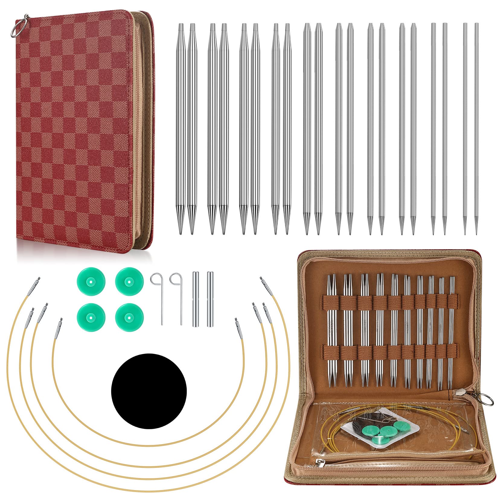 Austauschbare Rundstricknadeln Set, 10 Paar Tragbare Edelstahl Stricknadeln(2.8-6.0mm), Abnehmbarer Pullover Stricknadel Werkzeuge Set mit Roter PU Stricknadeltasche