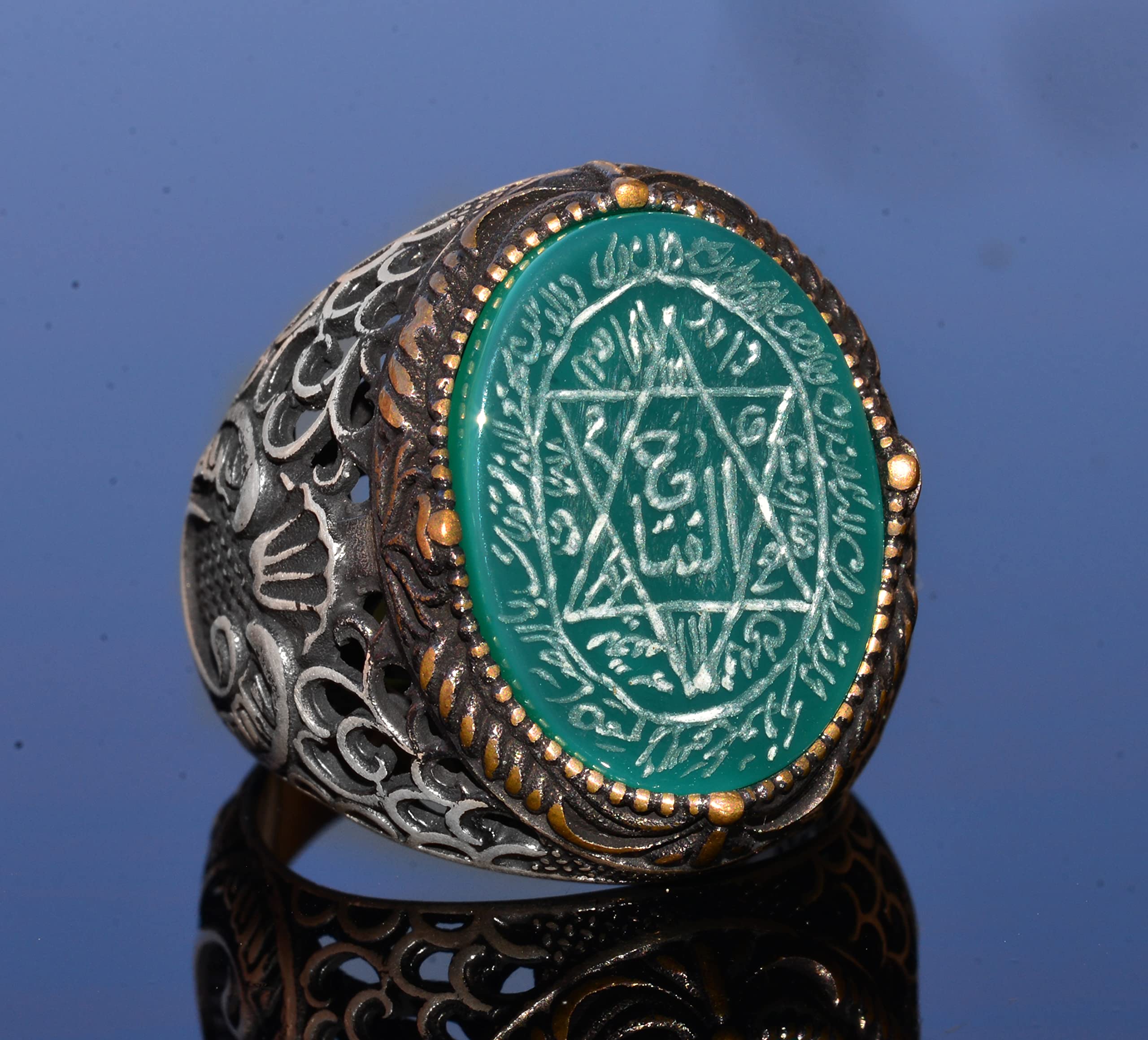 KAMBO - Anillo de sello de Salomón hecho a mano, piedra preciosa de ónix negro, anillo islámico para hombre, de plata de ley 925, Plata, ónix verde