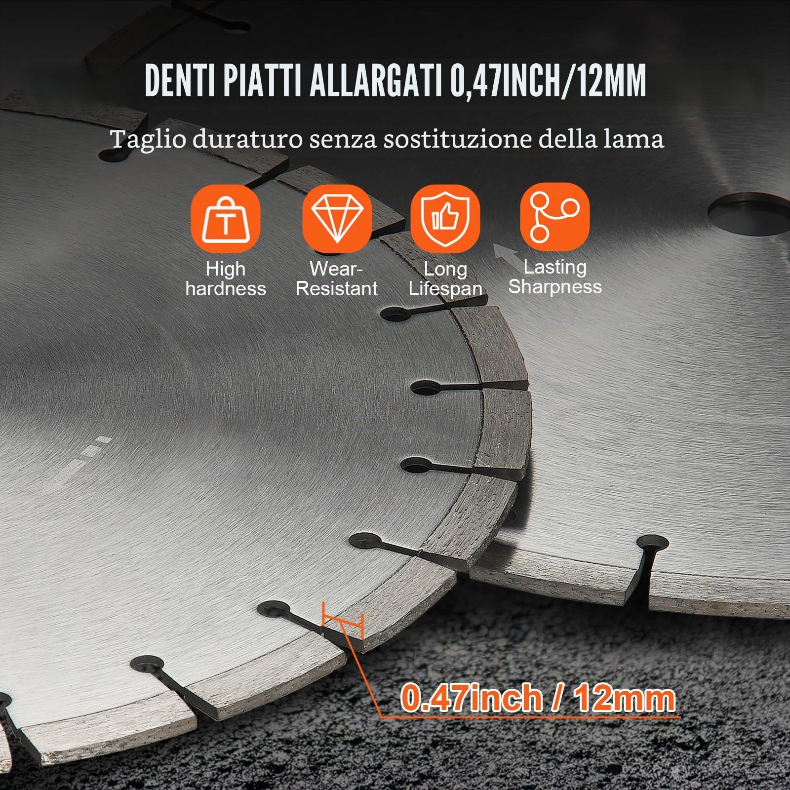 VEVOR Lama per troncatrice diamantata per calcestruzzo da 45 cm lavori a secco o a umido, Lama per troncatrice a segmenti diamantati da 12 mm con denti piatti, diametro del foro centrale 25,4 mm