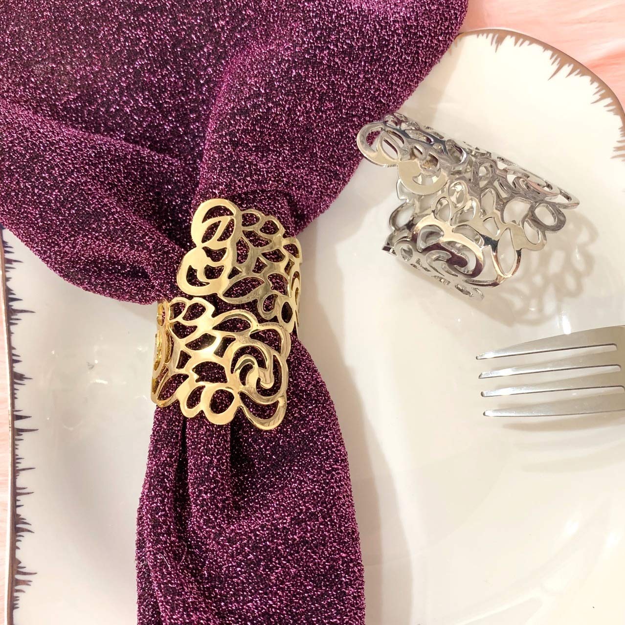 12 Uds. De servilleteros de Boda con patrón Trasero, decoración de Mesa, reuniones Familiares Huecas, Uso Diario, servilletero, Hebilla (Plata)