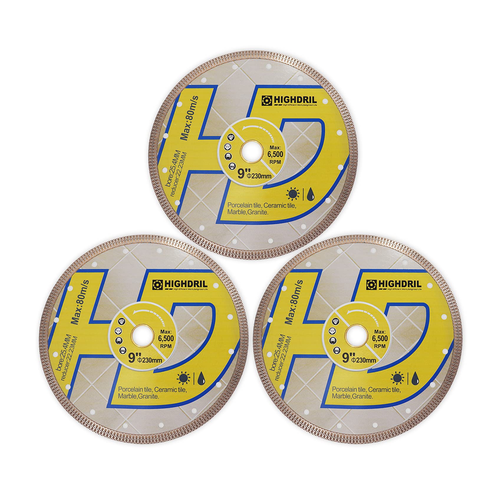 HIGHDRIL Diamond Saw Blade - 3pcs 230MM/9 Inch Diamond Tile Blade Disc Cutting Porcelain Tile Ceramic Granite Marble Dry or Wet Use Circular Saw Blade with Turbo X Mesh