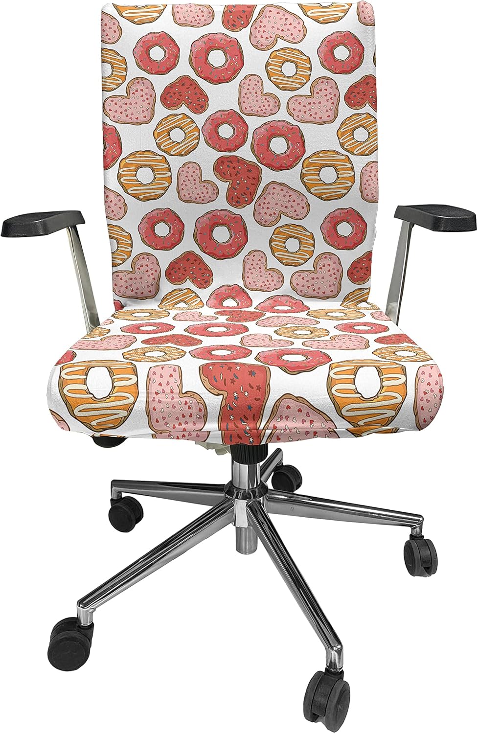 Ambesonne Dessert Office Chair Cover, Classic Style and Filled Heart Shaped Iced Glazed Donuts with Sprinkles Pattern, Stretchable Decorative Universal Size High Back Printed Slipcover, Pink Beige